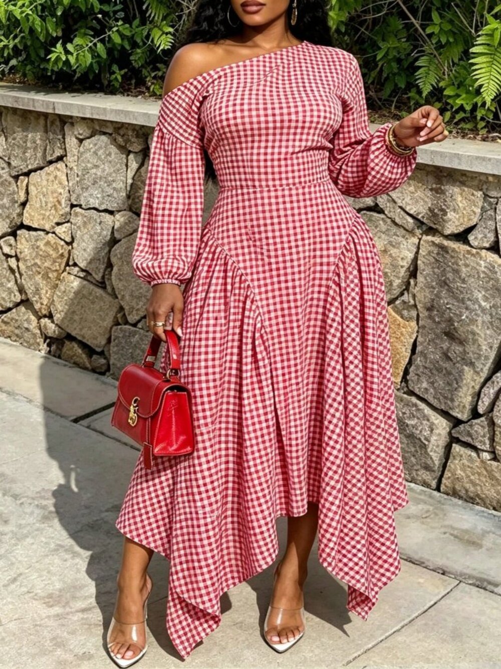 Multicolor Casual Women's Plus Size Plaid Asymmetrical Collar Dress